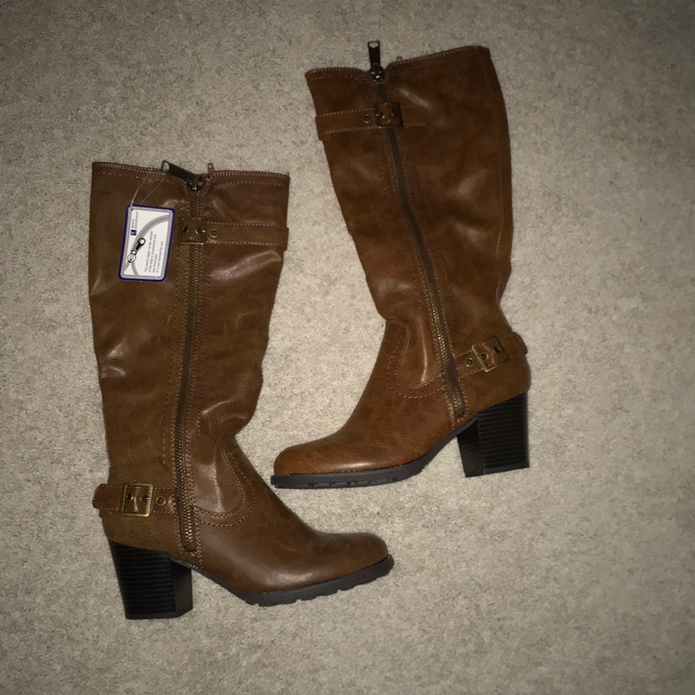 White Mountain Cognac Brown Mid-Calf Heeled Riding Boots